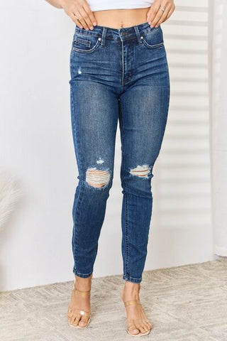 Judy Blue Full Size High Waist Distressed Slim Jeans, Trendsi - A Blissfully Beautiful Boutique