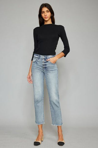 Kancan High Waist Button Fly Raw Hem Cropped Straight Jeans, Trendsi - A Blissfully Beautiful Boutique