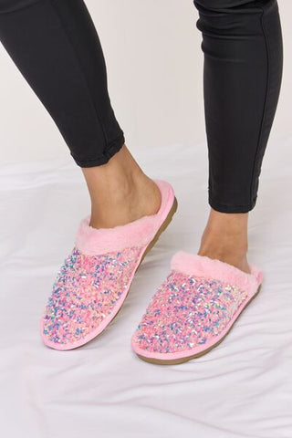 Forever Link Sequin Plush Round Toe Slippers, Trendsi - A Blissfully Beautiful Boutique