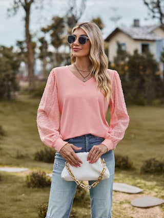Swiss Dot V-Neck Long Sleeve Blouse, Trendsi - A Blissfully Beautiful Boutique