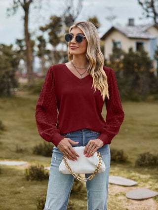 Swiss Dot V-Neck Long Sleeve Blouse, Trendsi - A Blissfully Beautiful Boutique