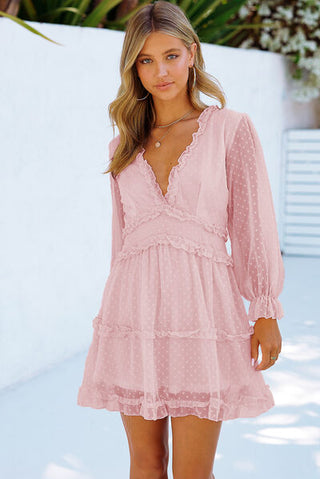 Swiss Dot Frill V-Neck Mini Dress, Trendsi - A Blissfully Beautiful Boutique