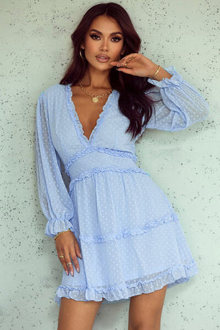 Swiss Dot Frill V-Neck Mini Dress, Trendsi - A Blissfully Beautiful Boutique