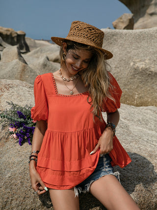 Peplum Square Neck Short Sleeve Blouse, Trendsi - A Blissfully Beautiful Boutique