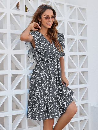 Ruffled Ditsy Floral Surplice Mini Dress, Trendsi - A Blissfully Beautiful Boutique