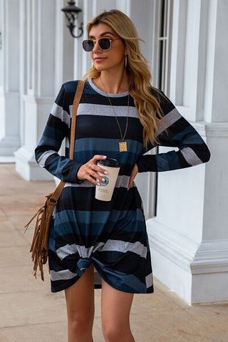 Striped Round Neck Long Sleeve Dress