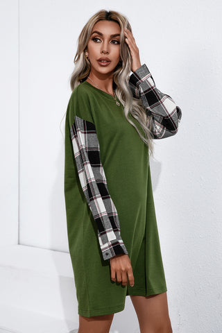 Contrast Plaid Sleeve Tee Dress, Trendsi - A Blissfully Beautiful Boutique