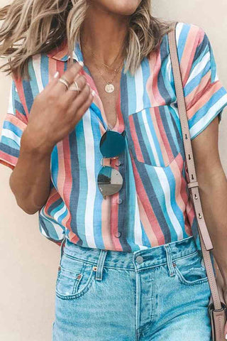 Striped Collared Neck Button-down Pocketed Top, Trendsi - A Blissfully Beautiful Boutique