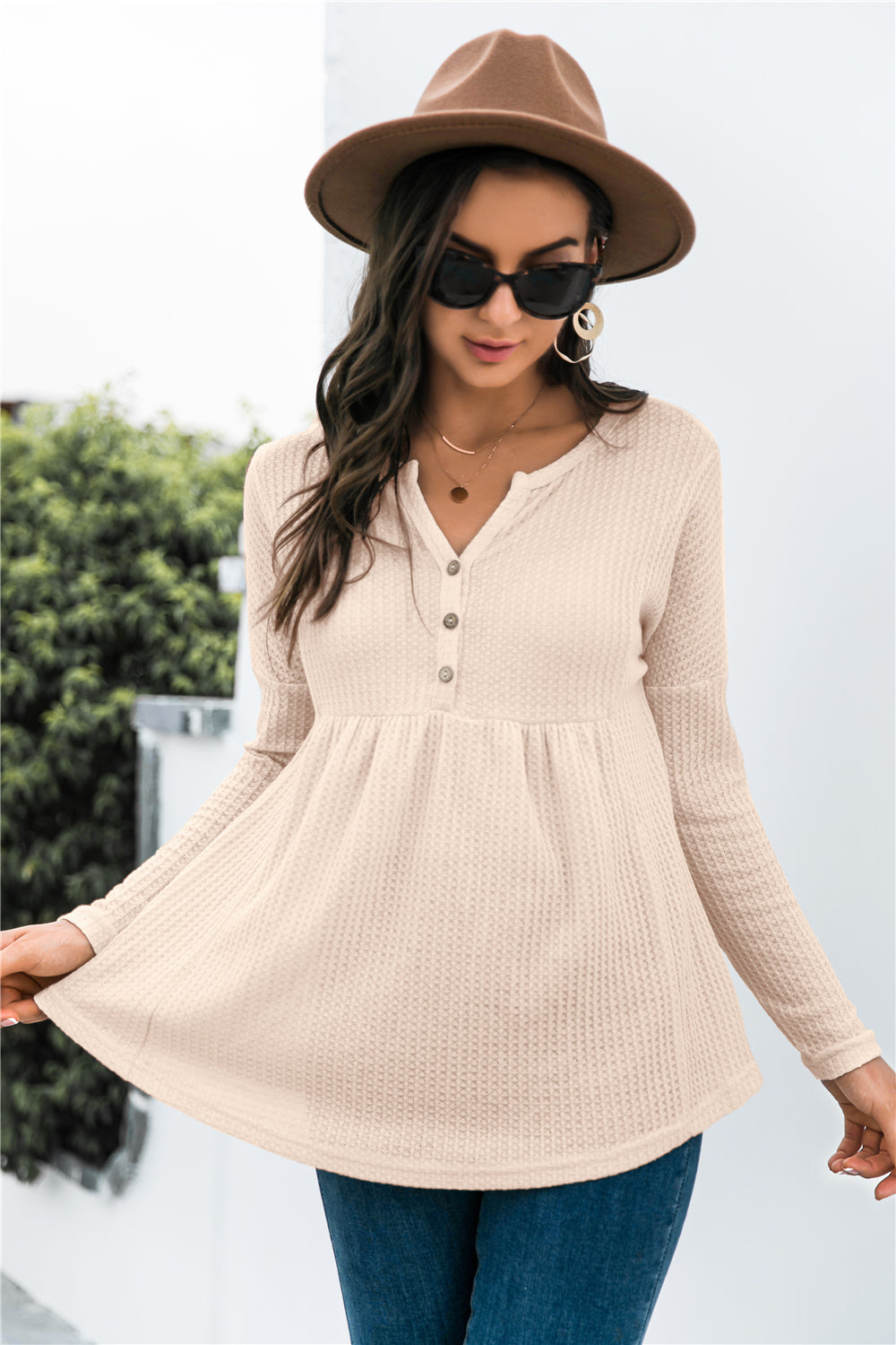 Button Front Waffle knit Peplum Top, Trendsi - A Blissfully Beautiful Boutique