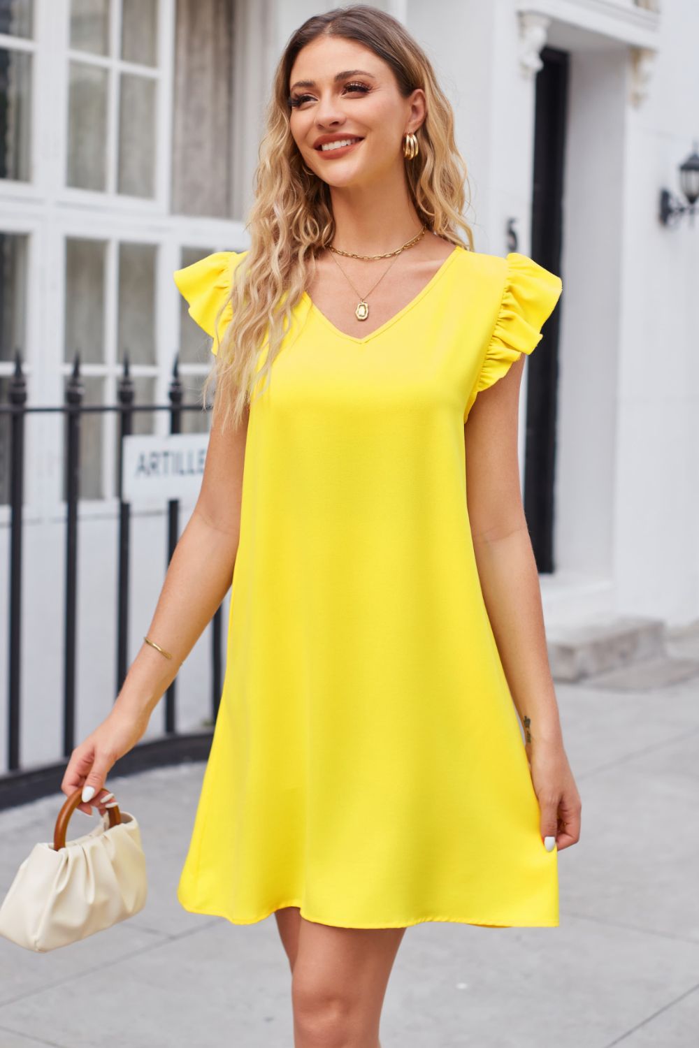 Ruffled V Neck Flutter Sleeve Dress A Blissfully Beautiful Boutique