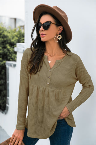 Button Front Waffle knit Peplum Top, Trendsi - A Blissfully Beautiful Boutique
