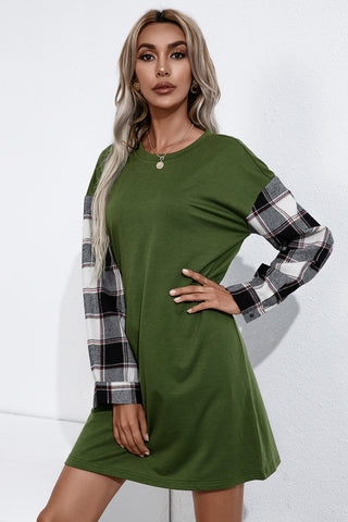 Contrast Plaid Sleeve Tee Dress, Trendsi - A Blissfully Beautiful Boutique