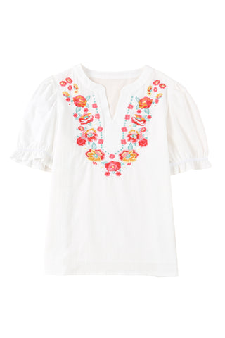 Embroidered Notched Neck Flounce Sleeve Top