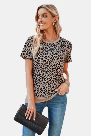 Leopard Print Short Sleeve Tee, Trendsi - A Blissfully Beautiful Boutique