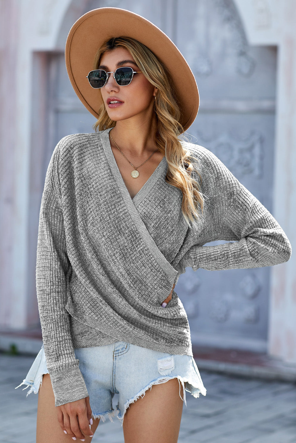 V Neck Wrap Front Knitted Top, Trendsi - A Blissfully Beautiful Boutique