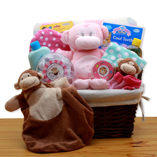 A New Little Monkey New Baby Gift Basket - Pink, Gift Baskets Drop Shipping - A Blissfully Beautiful Boutique