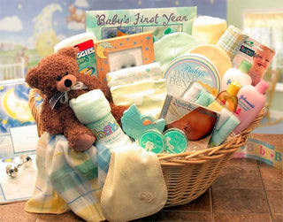 Deluxe Welcome Home Precious Baby Basket-Yellow/Teal, Gift Baskets Drop Shipping - A Blissfully Beautiful Boutique