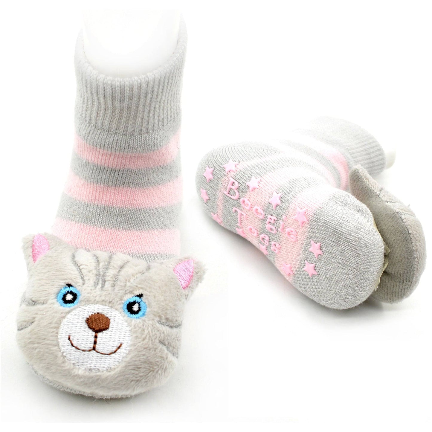 Boogie Toes -Gray Pink Cat Rattle Socks