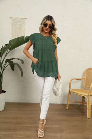 Swiss Dot Round Neck Tiered Blouse