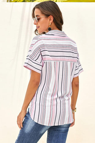 Striped Collared Neck Button-down Pocketed Top, Trendsi - A Blissfully Beautiful Boutique
