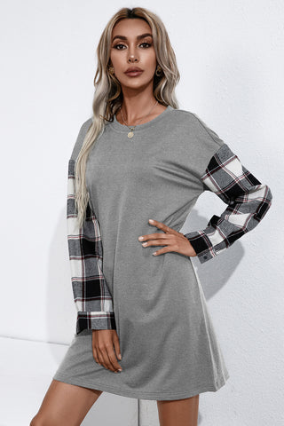 Contrast Plaid Sleeve Tee Dress, Trendsi - A Blissfully Beautiful Boutique