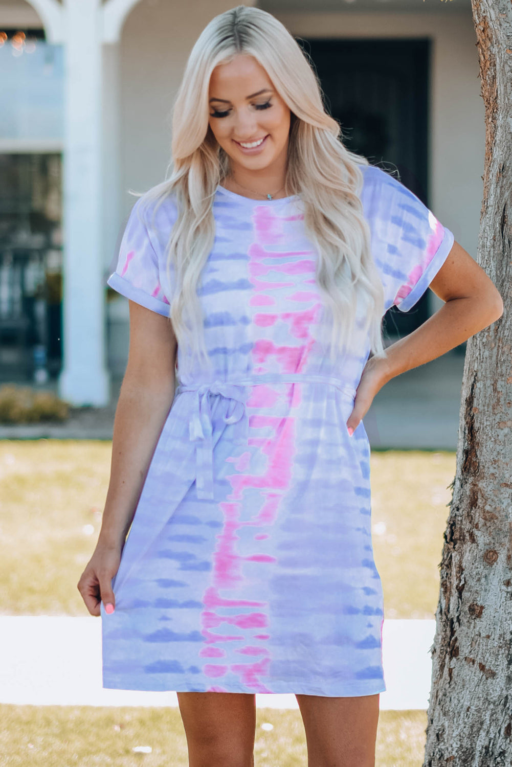 Women Tie Dye Belted T Shirt Dress