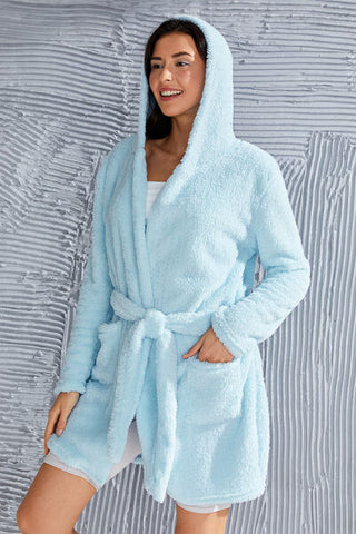 Fuzzy Tied Pocketed Hooded Lounge Robe