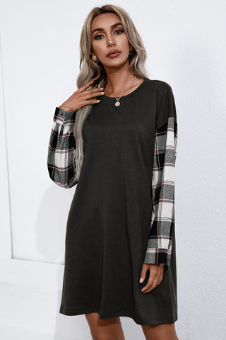 Contrast Plaid Sleeve Tee Dress, Trendsi - A Blissfully Beautiful Boutique