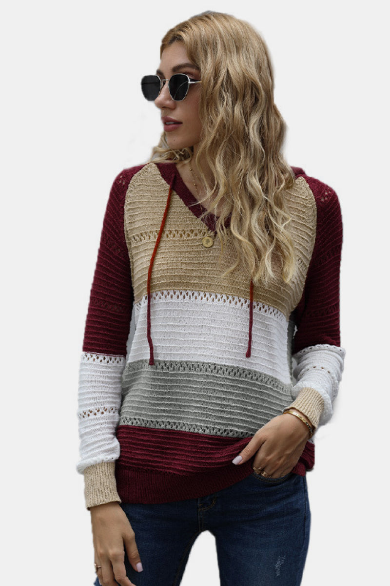 Color Striped Knitted Hoodie, Trendsi - A Blissfully Beautiful Boutique