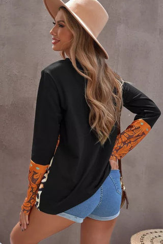 Leopard Stitched Pullover Long Sleeve Top, Trendsi - A Blissfully Beautiful Boutique