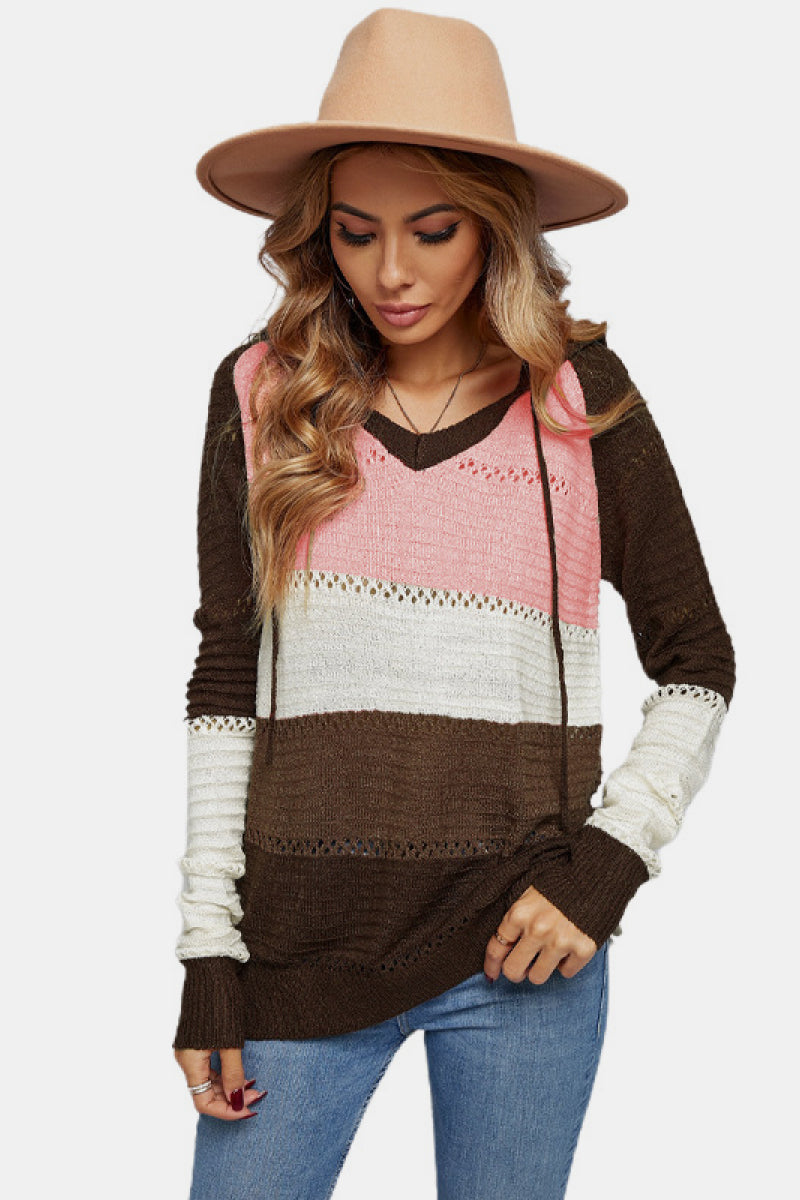 Color Striped Knitted Hoodie, Trendsi - A Blissfully Beautiful Boutique