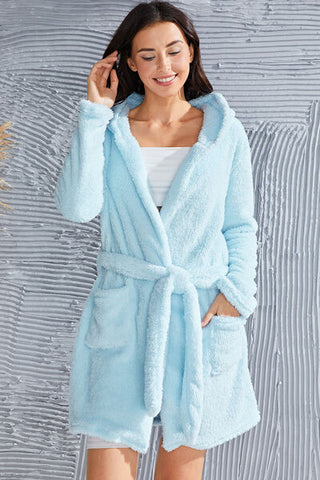 Fuzzy Tied Pocketed Hooded Lounge Robe