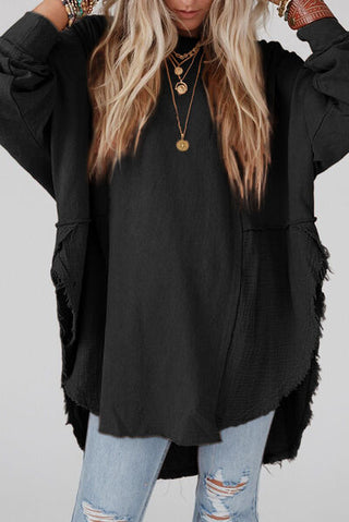 Contrast Texture Round Neck Long Sleeve Blouse