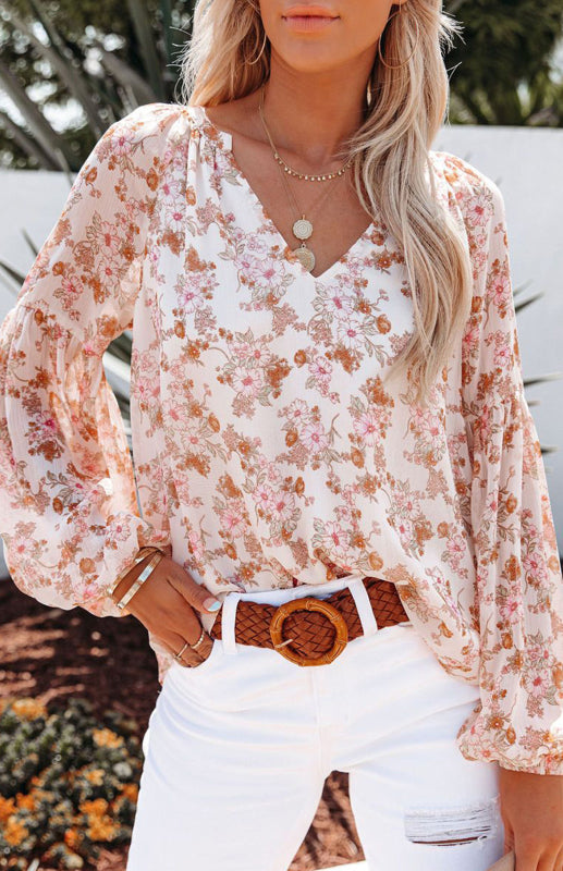 V Neck Lantern Sleeve Curved Pendant Floral Print Chiffon Top