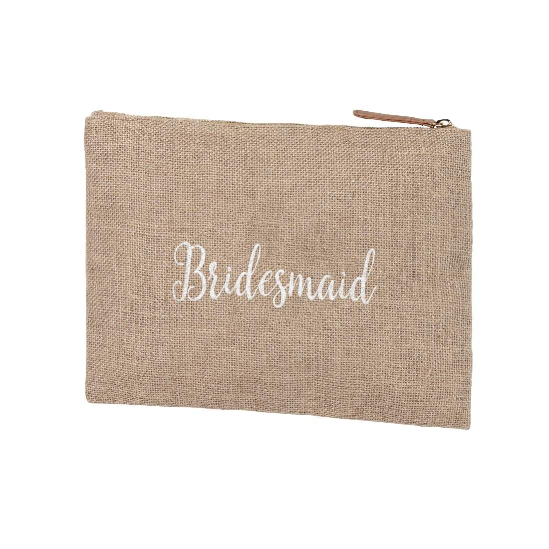 Burlap Zip Pouch Embroidered BRIDESMAID in White Thread