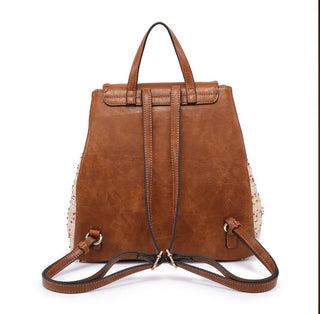 Saffron 2 Tone Straw-Textured Backpack w/ Whipstitch Design